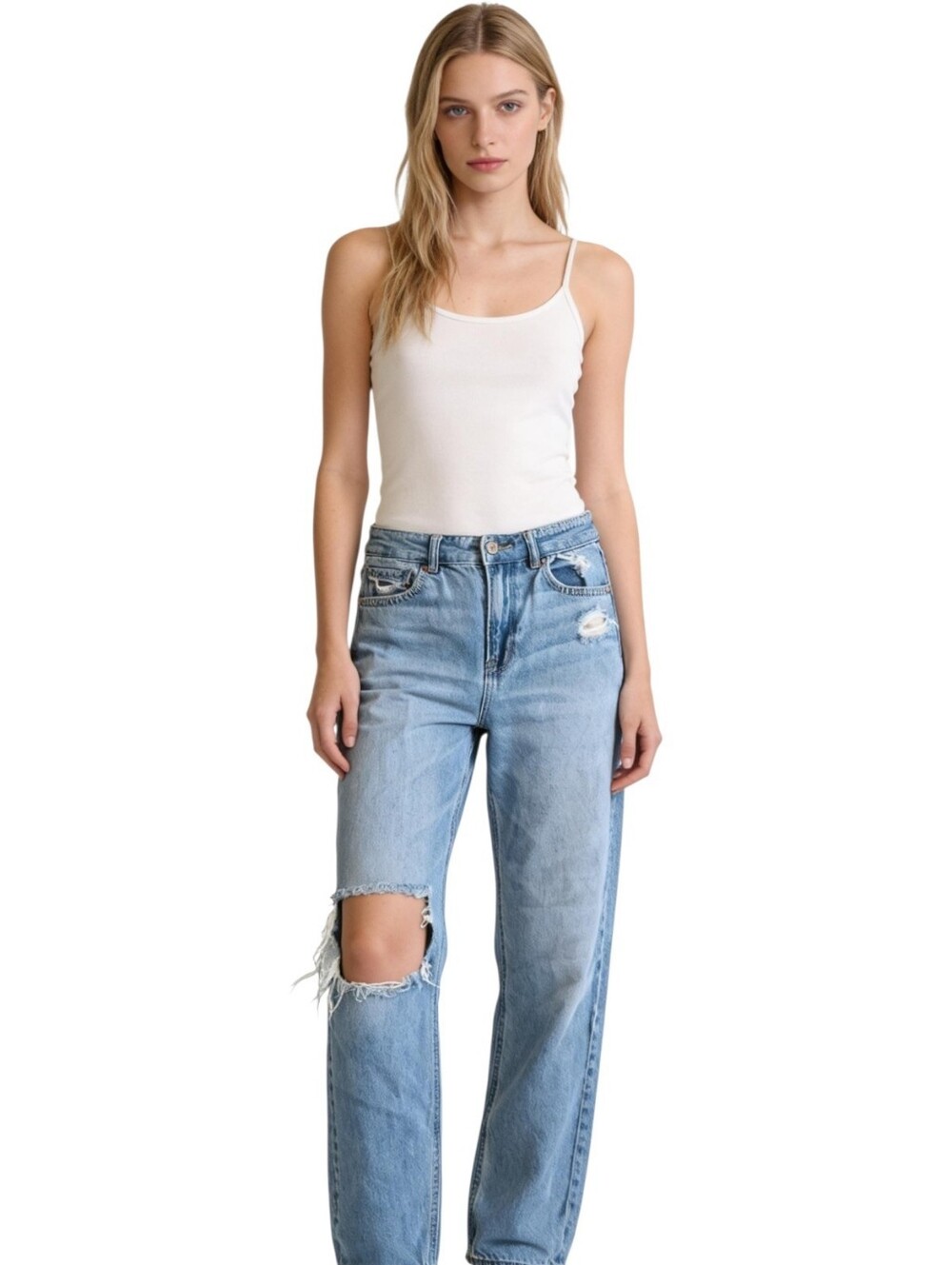 AMERICAN EAGLE OUTFITTERS Mom Straight Jean Blue Denim Jeans Distressed Sz 4